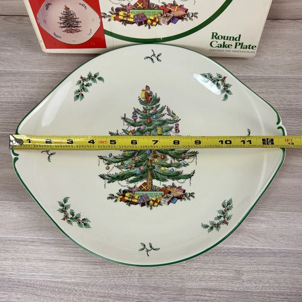 Spode Christmas Tree Cake Plate Tray Vintage Round Handled w/ Box S3324 England